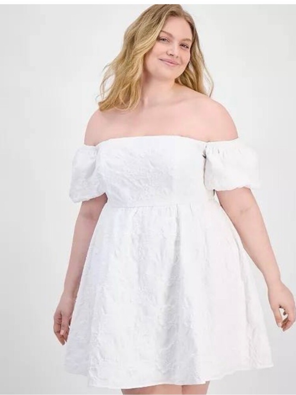 Plus-Size White Off-Shoulder Textured Mini Dress